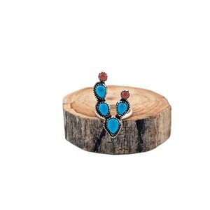 Navajo Turquoise Coral Cactus Ring Handmade Native Am Jewelry Size 8.75US*